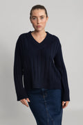 Wide Ribbed Wool V-Neck - Evening Blue