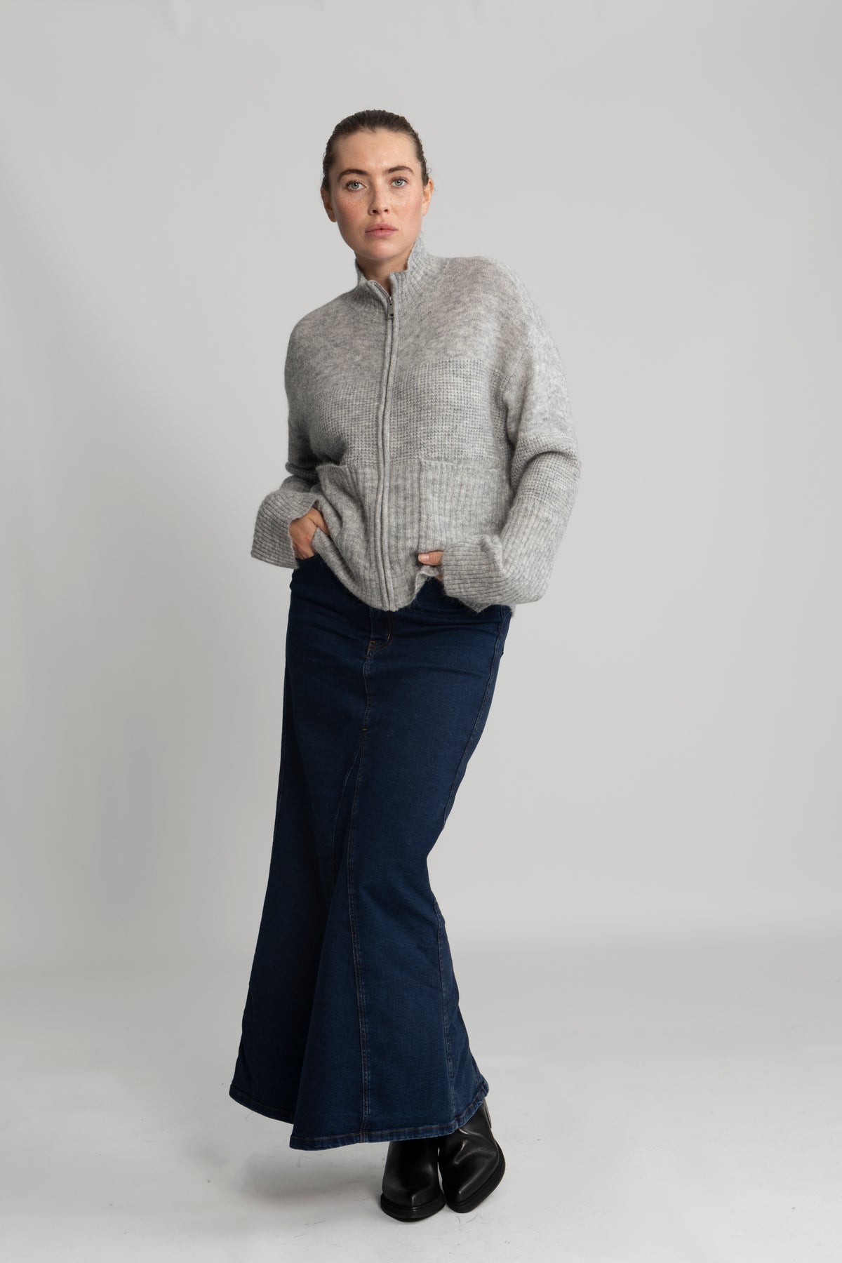Lediona Hope Zip Cardigan - Light Grey Melange
