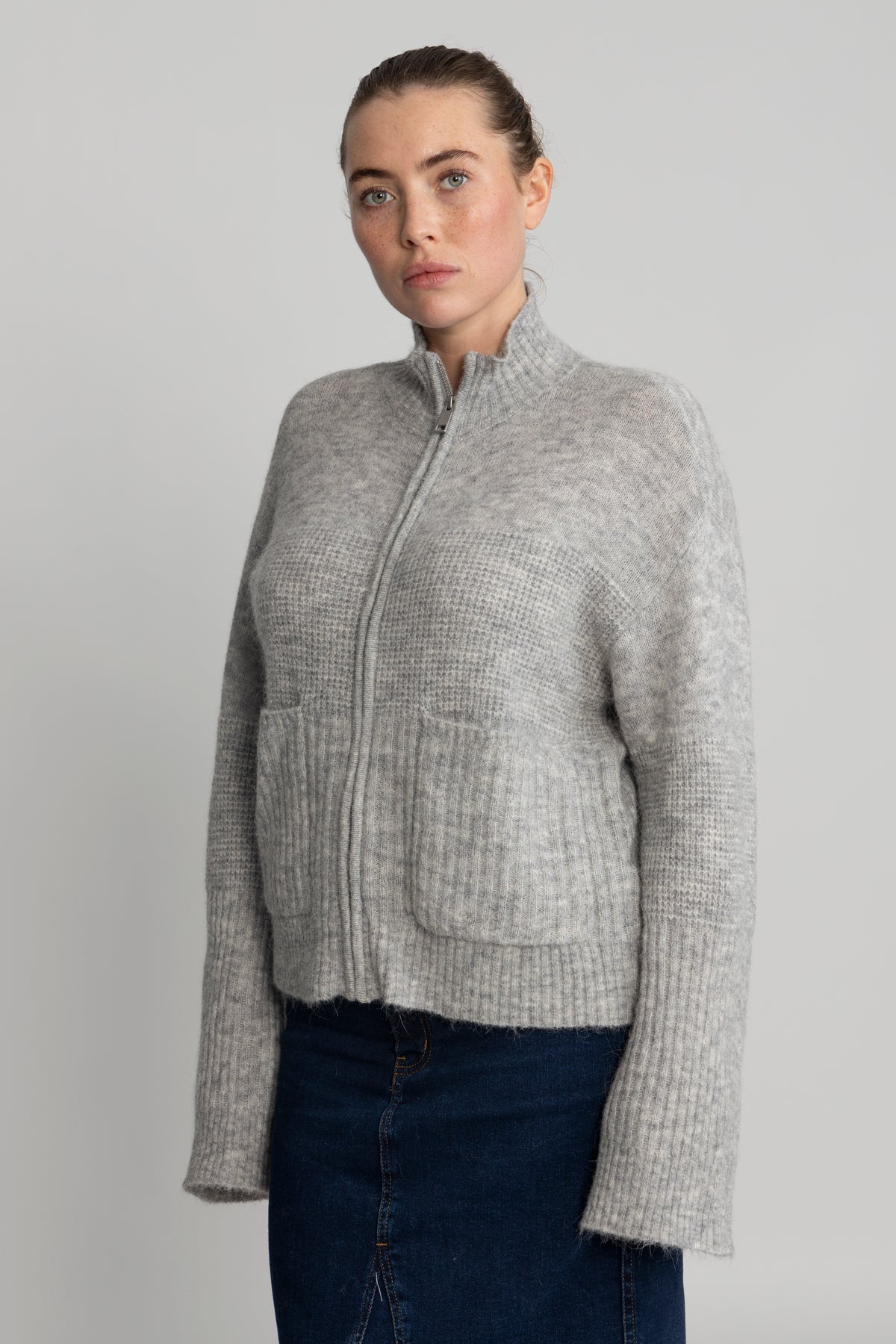 Lediona Hope Zip Cardigan - Light Grey Melange