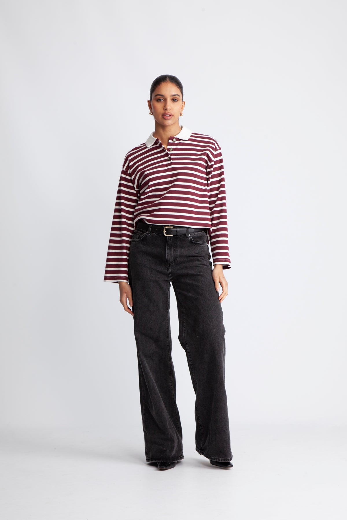 Wada LS Stripe Collar Top - Zinfandel Snow White