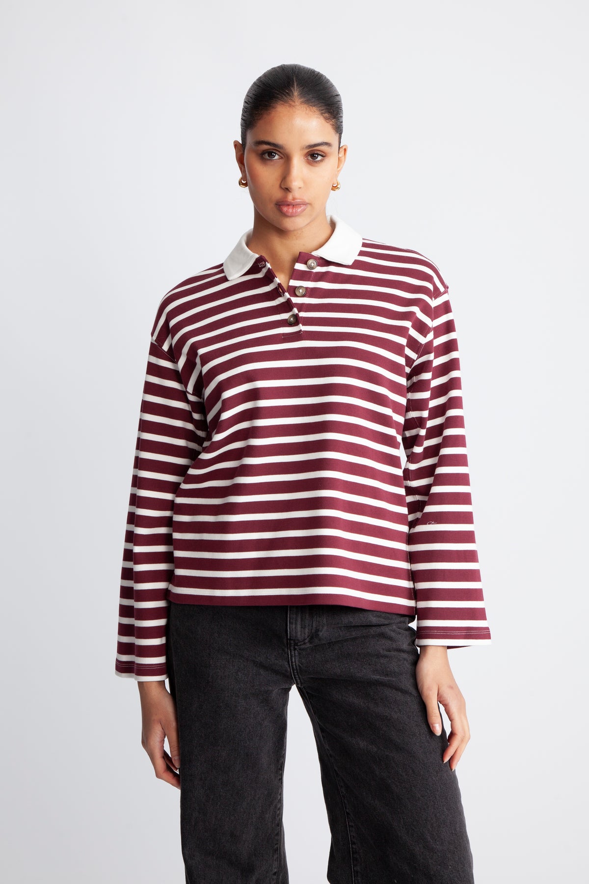 Wada LS Stripe Collar Top - Zinfandel Snow White