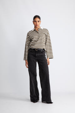 Wada Ls Stripe Collar Top - Kalamata Snow White