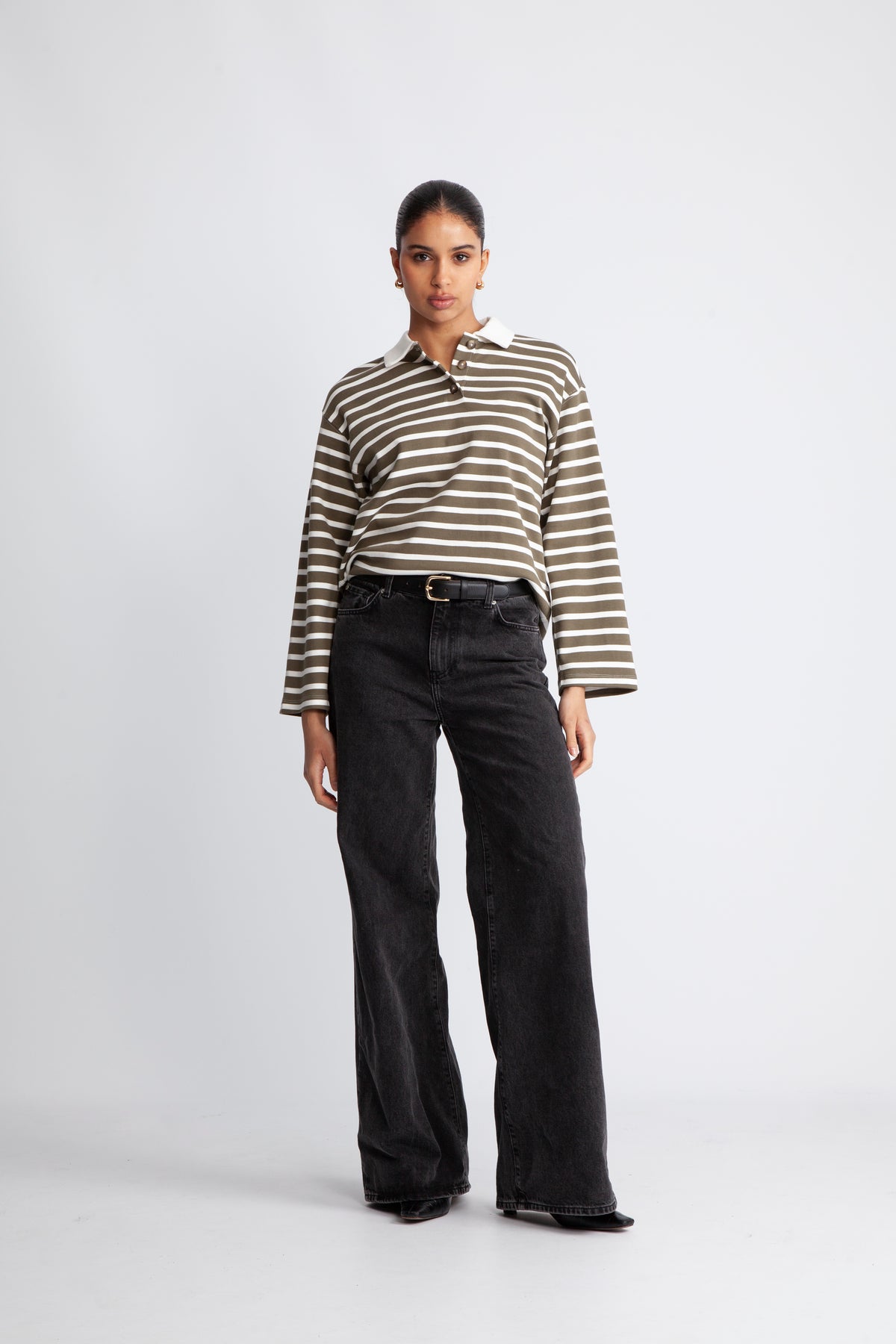 Wada Ls Stripe Collar Top - Kalamata Snow White