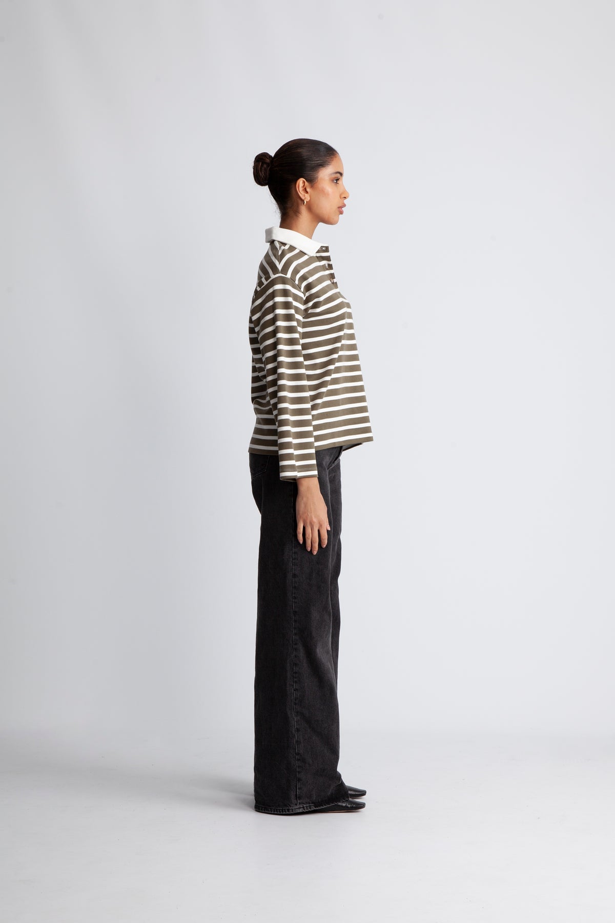 Wada Ls Stripe Collar Top - Kalamata Snow White