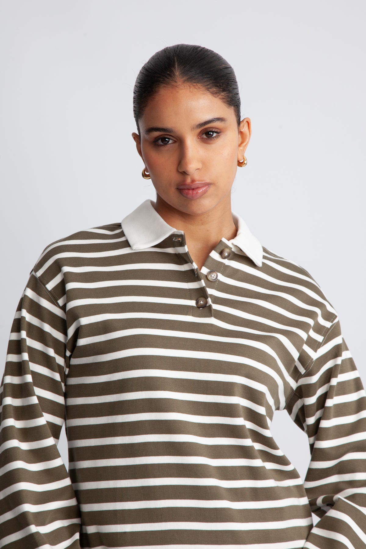 Wada Ls Stripe Collar Top - Kalamata Snow White