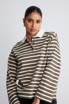 Wada Ls Stripe Collar Top - Kalamata Snow White