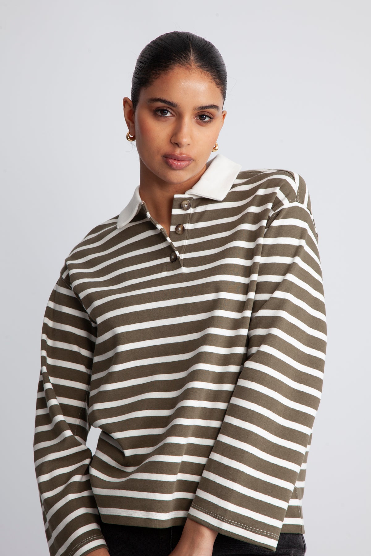 Wada Ls Stripe Collar Top - Kalamata Snow White