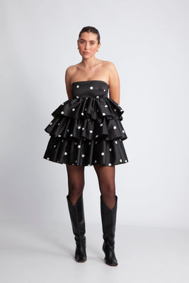 ROTATE Satin Ruffle Dress - Black Comb