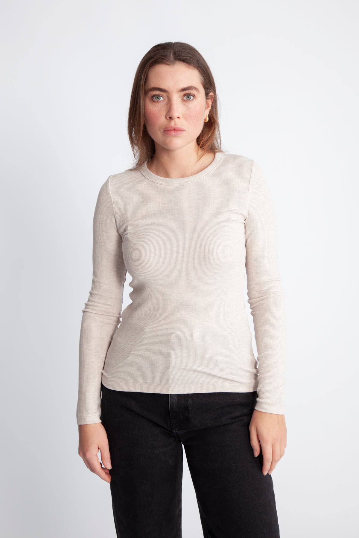 Dianna Ls O-Neck Top - Oatmeal Melange