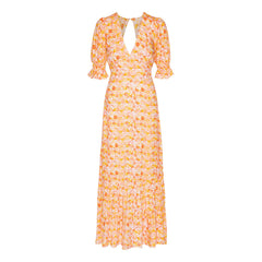 Koko Dress Long Open Back Short Sleeves - Peach Flower