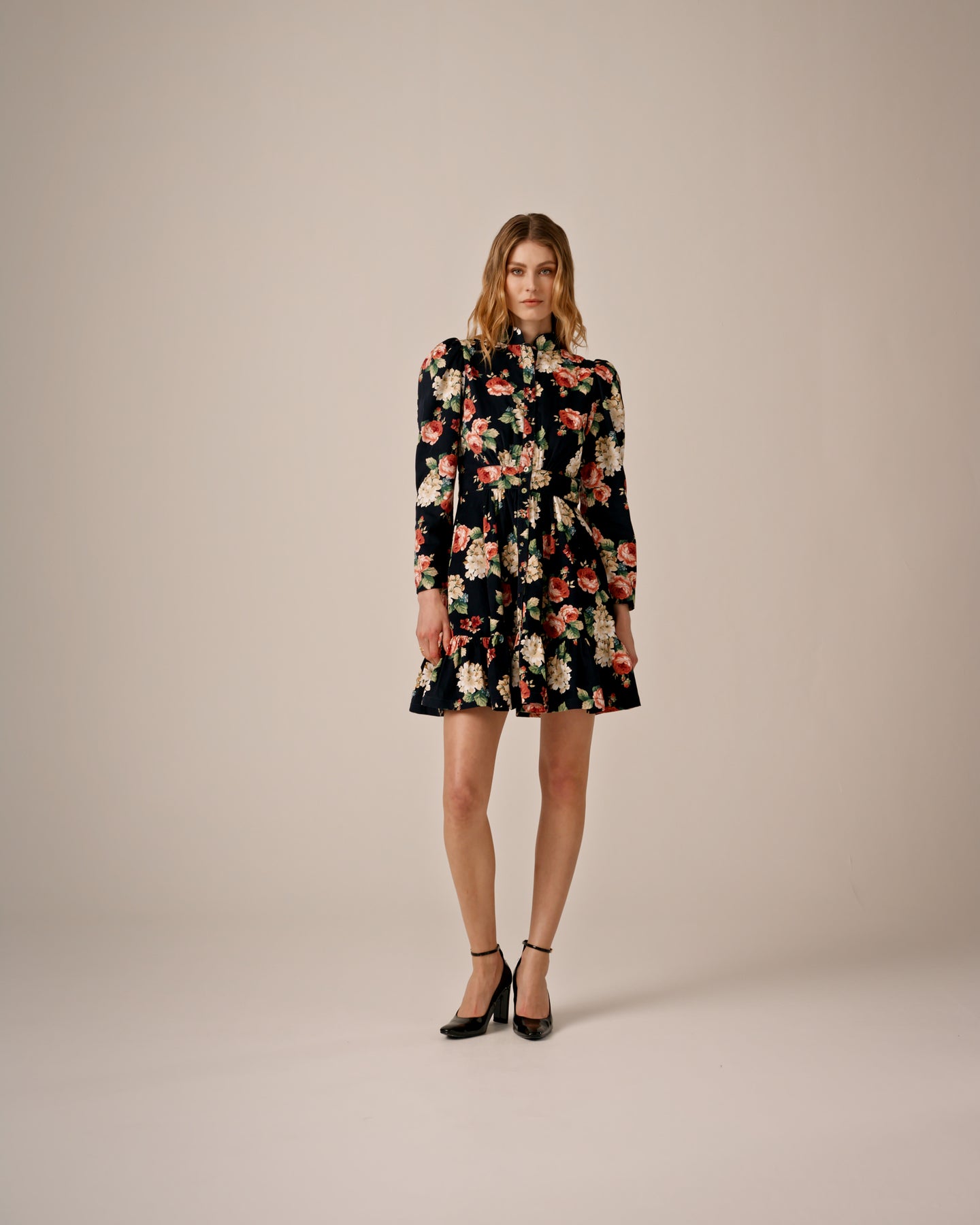 Baby Cord Mini Dress - Midnight Roses