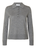 Thea Ls Knit Merino Collar Neck - Medium Grey Melange