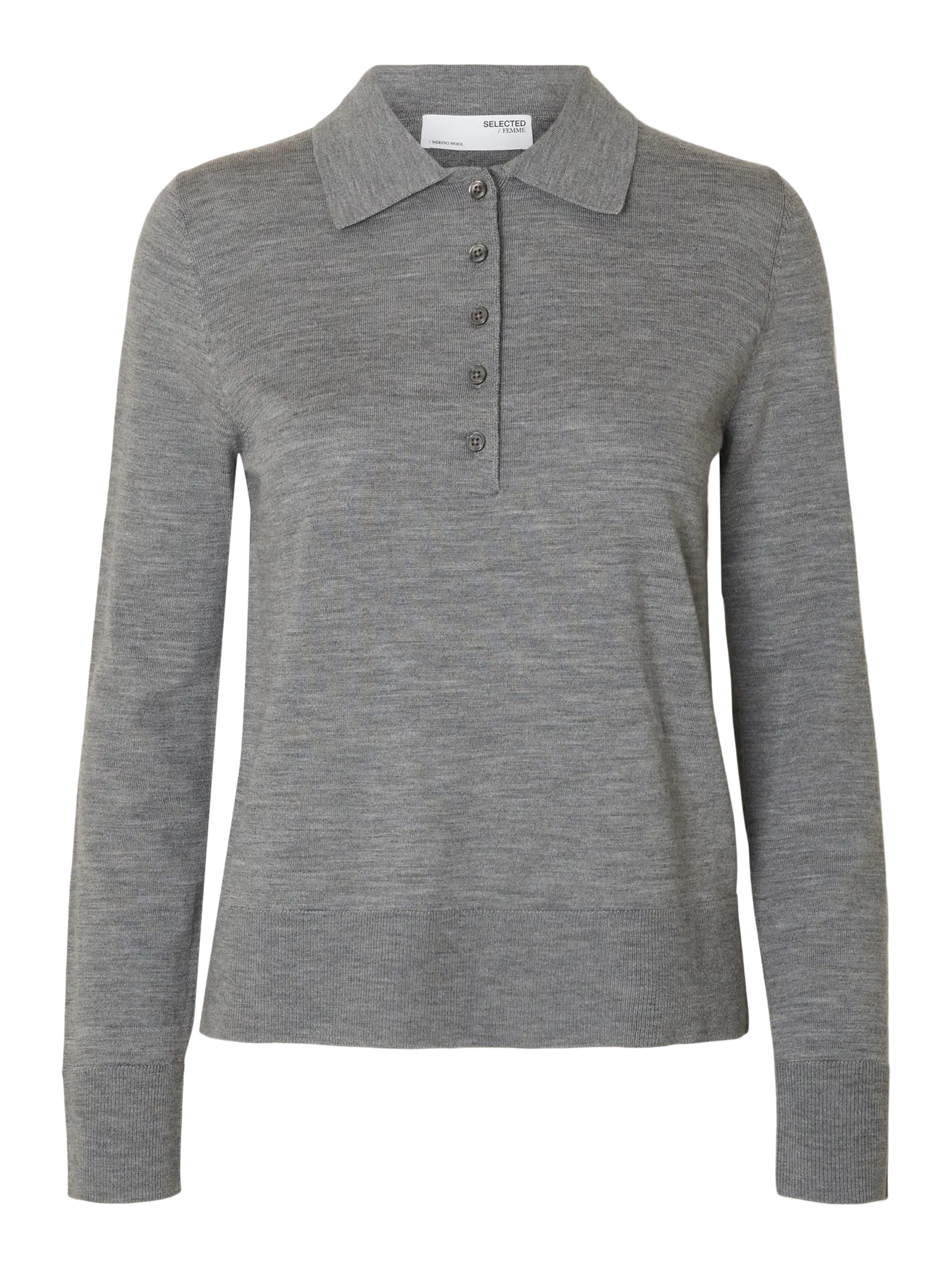 Thea Ls Knit Merino Collar Neck - Medium Grey Melange