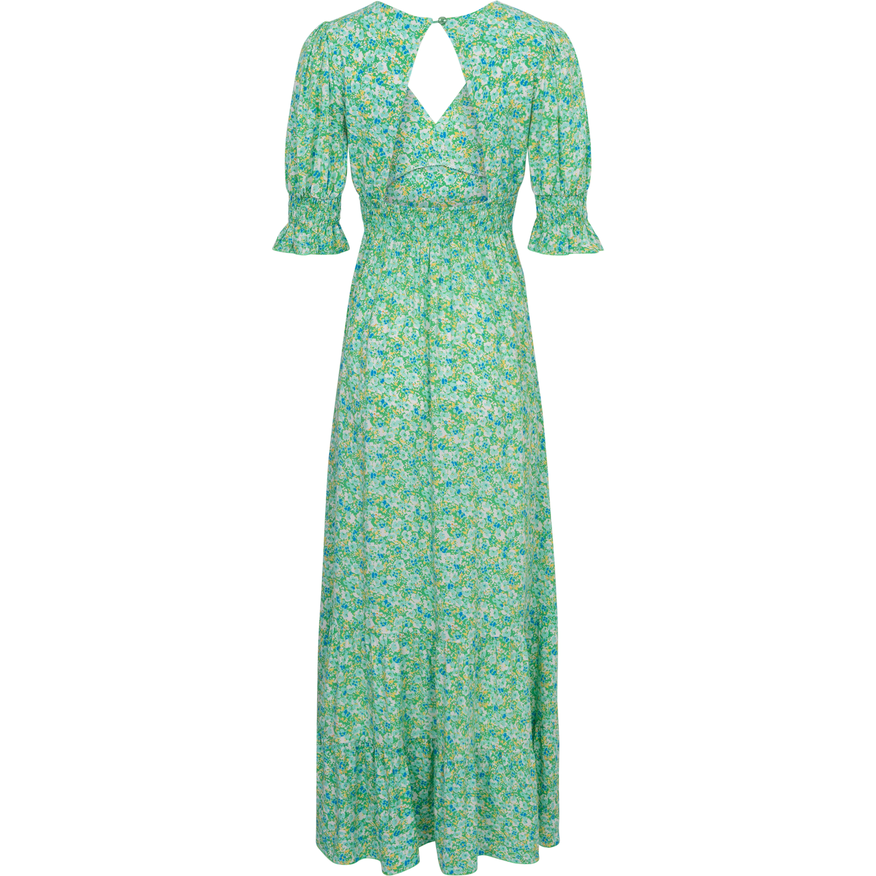 Koko Dress Long Open Back Short Sleeves - Emerald Green Summer Flower