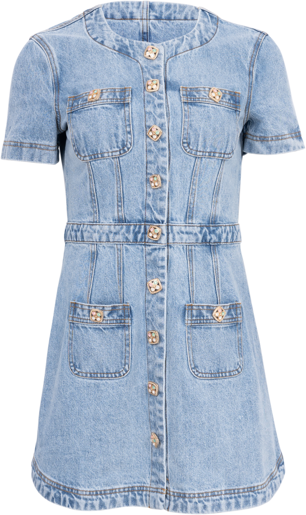 Denim Buttoned Mini Dress  - Light Blue