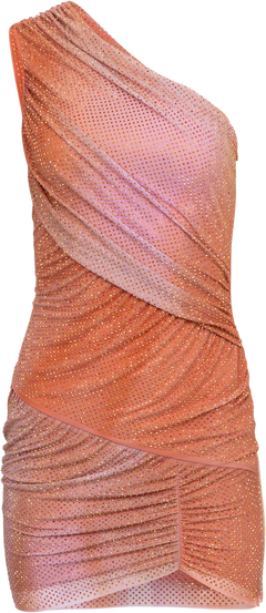 Printed Mesh Rhinestone Mini Dress - Orange