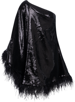 Andrea One-Shoulder Feather Sequin Mini Dress - Black