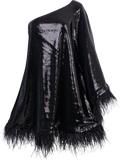 Andrea One-Shoulder Feather Sequin Mini Dress - Black