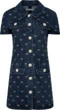 Denim Diamante Bow Collared Mini Dress - Blue