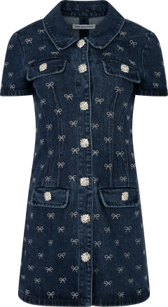 Denim Diamante Bow Collared Mini Dress - Blue