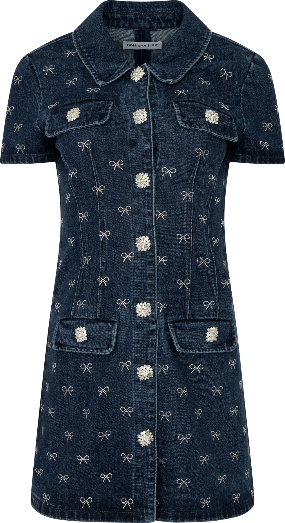 Denim Diamante Bow Collared Mini Dress - Blue