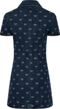 Denim Diamante Bow Collared Mini Dress - Blue