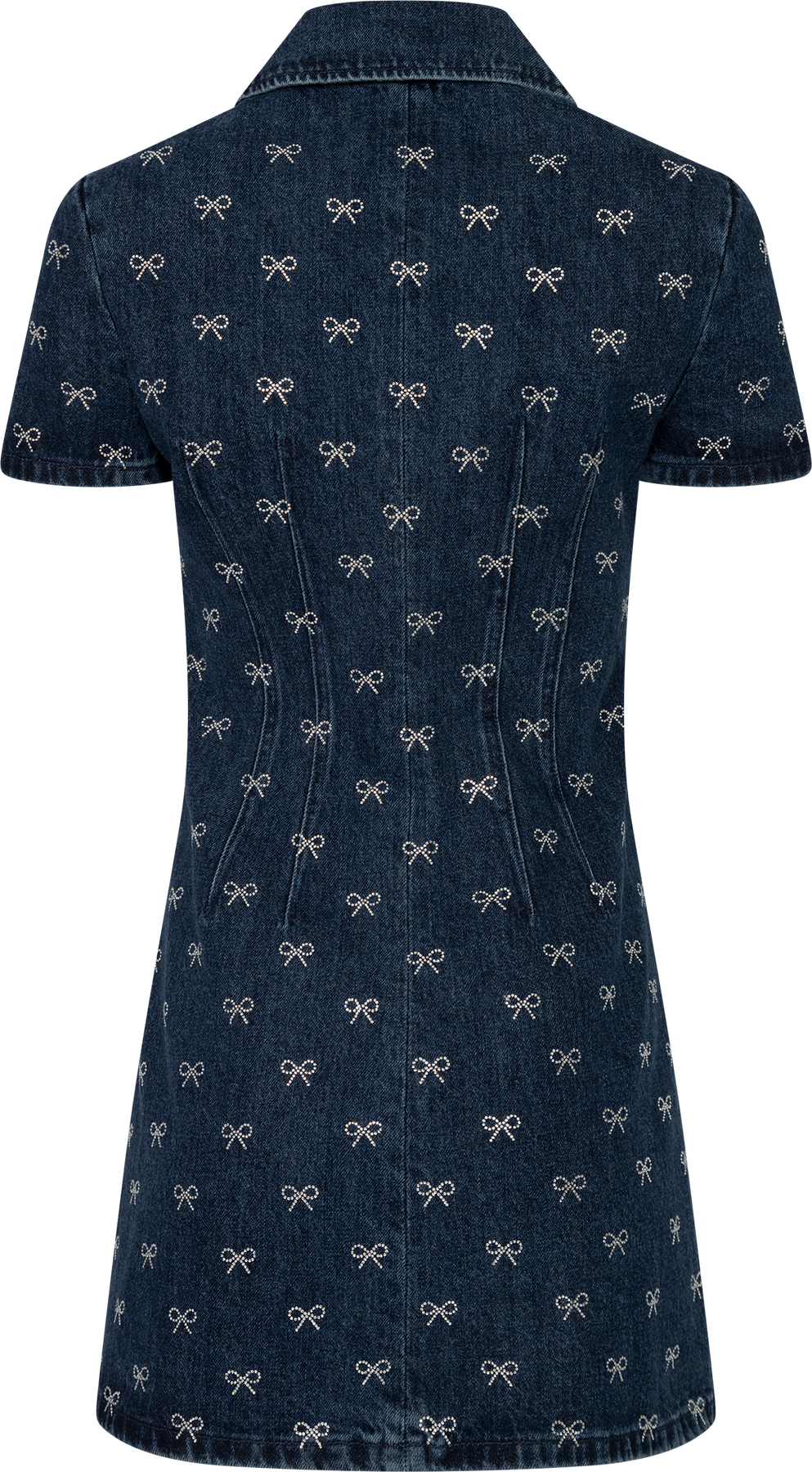Denim Diamante Bow Collared Mini Dress - Blue