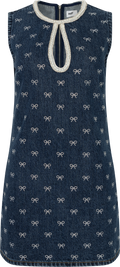 Denim Diamante Bow Mini Dress - Blå