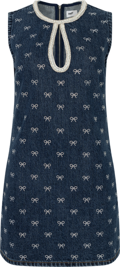 Denim Diamante Bow Mini Dress - Blue