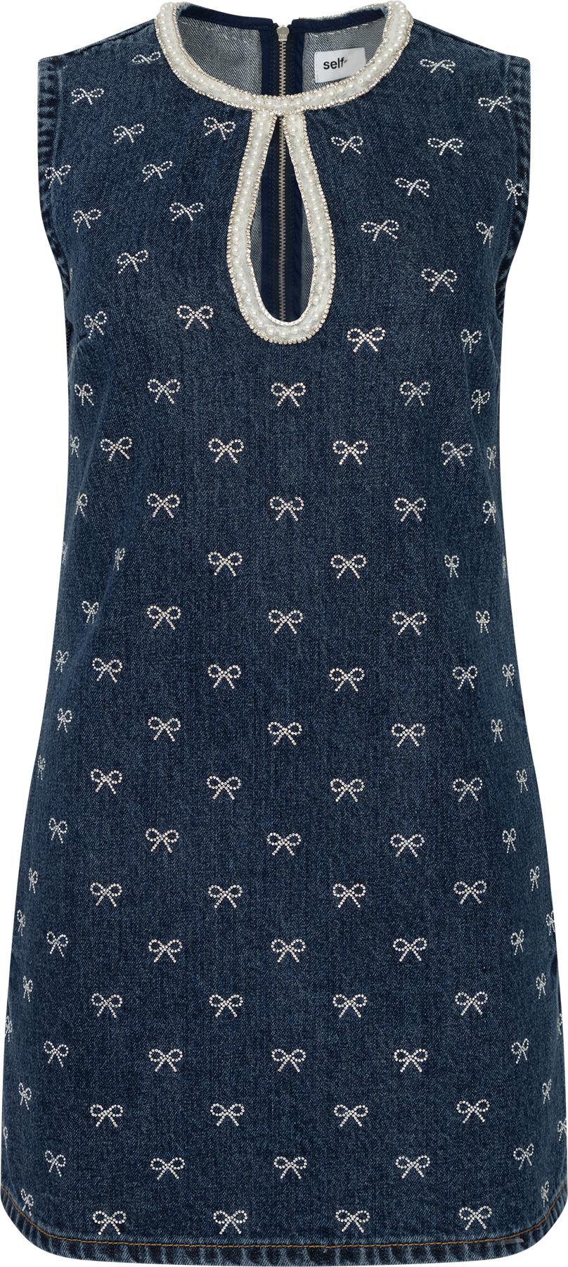 Denim Diamante Bow Mini Dress - Blå