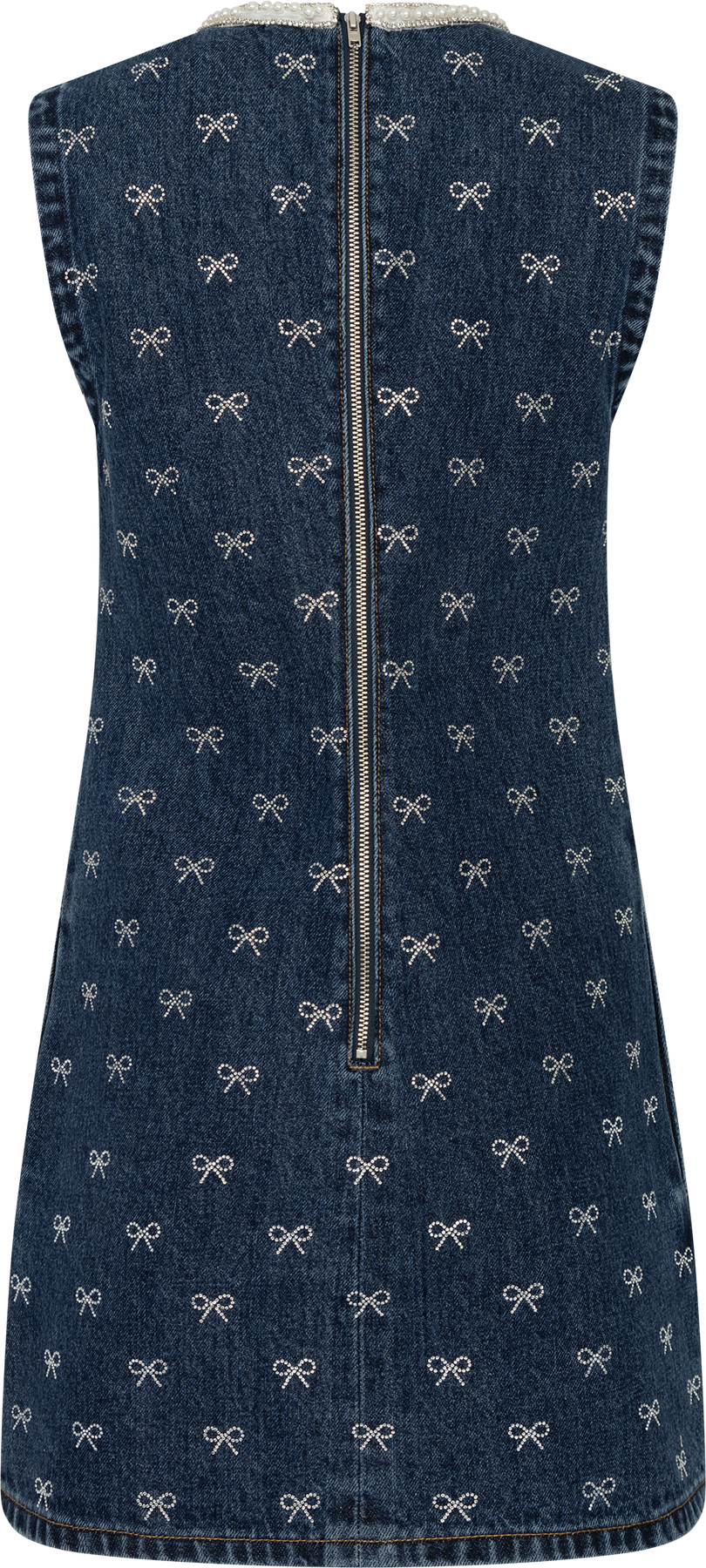 Denim Diamante Bow Mini Dress - Blå