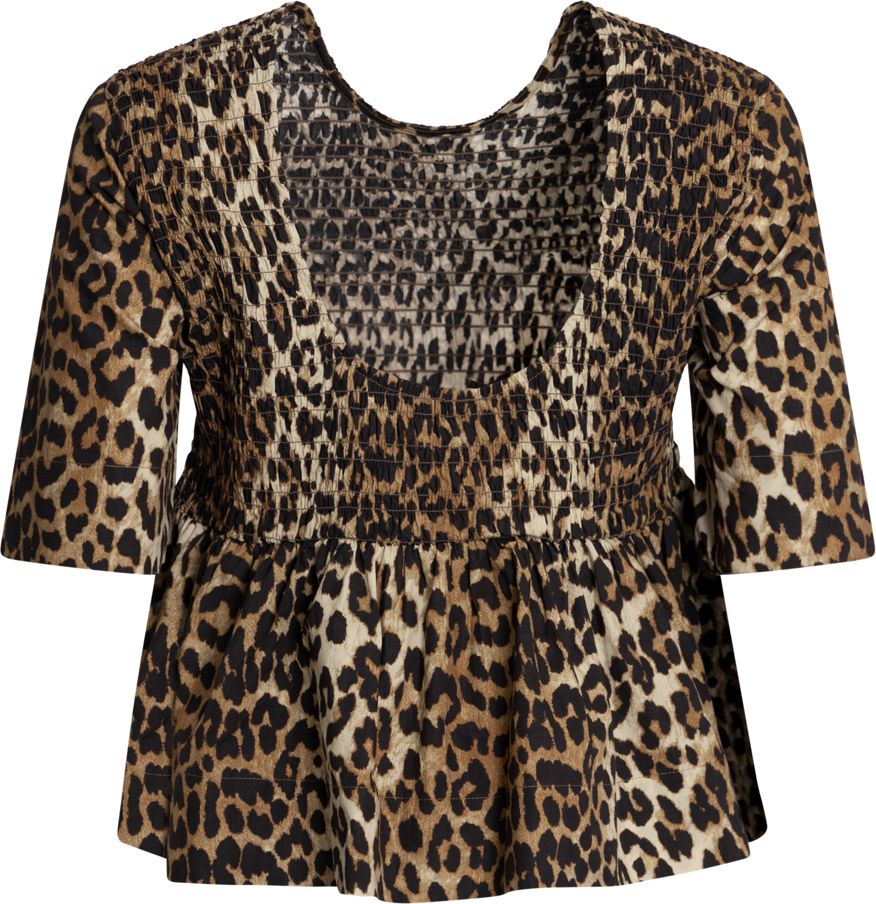Printed Cotton Open Back Smock Blouse - Leopard