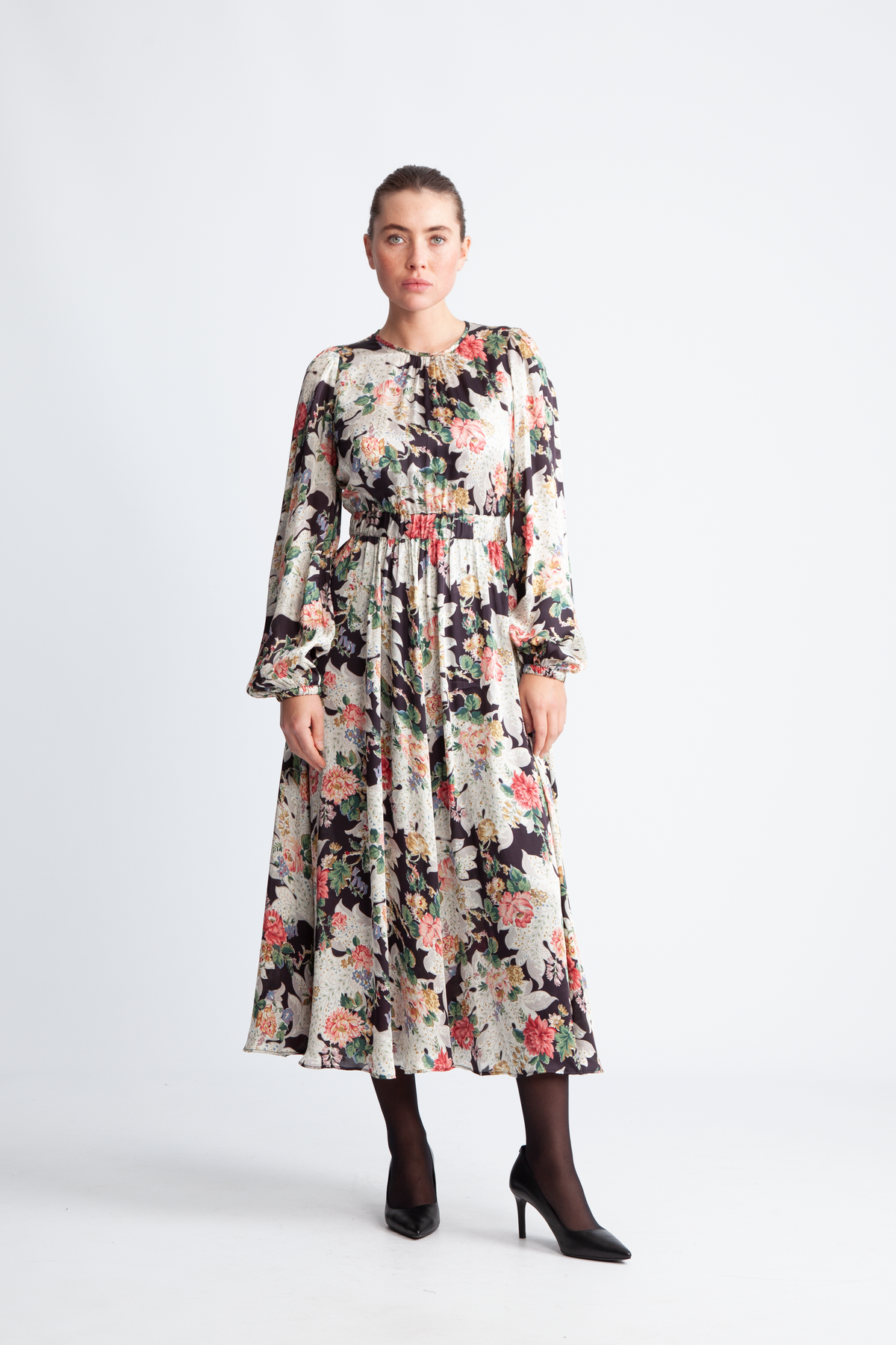 byTiMo Satin Midi Dress - Black Bouquet