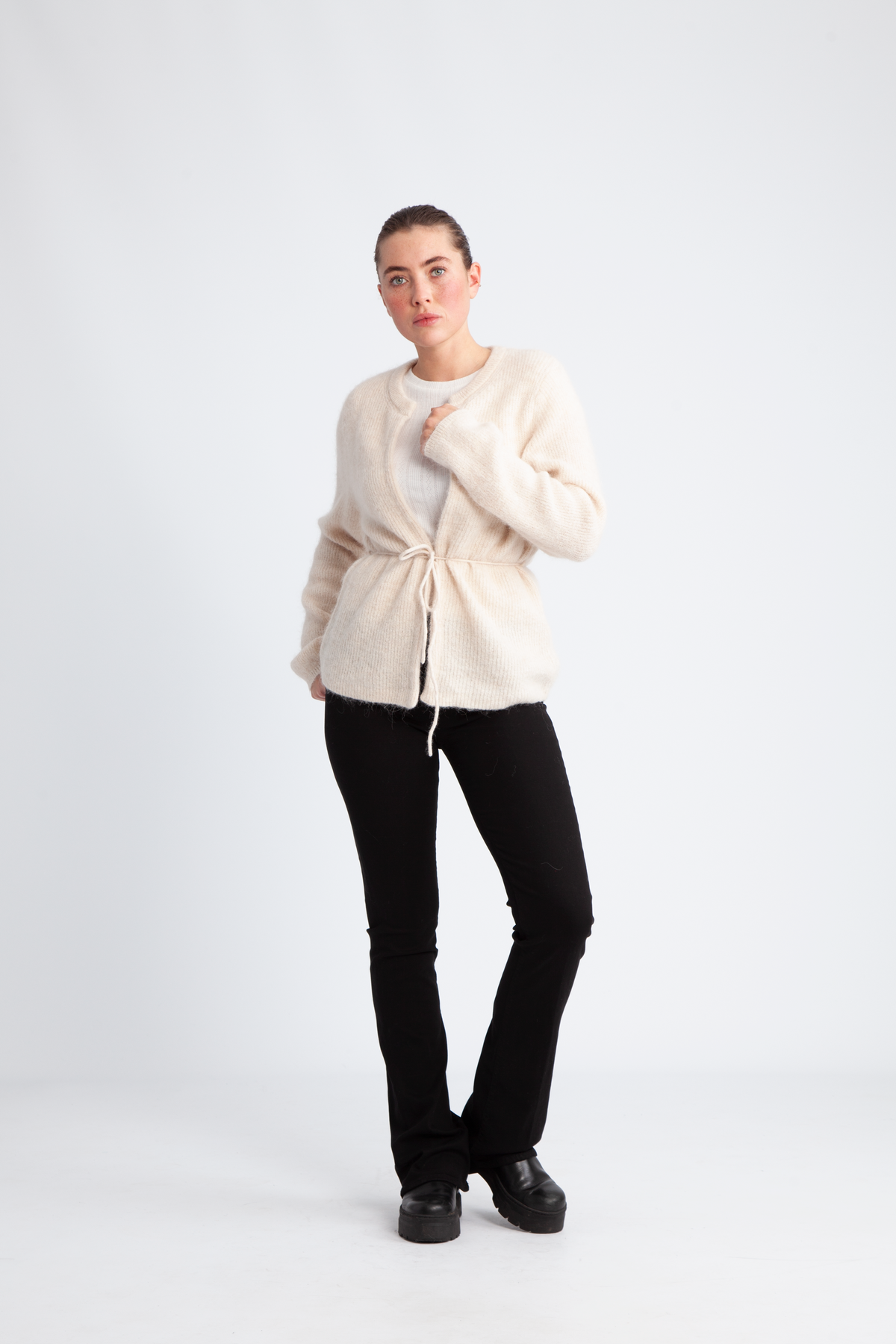 Sia Ras Ls Knit Belt Kofta - Birch Melange