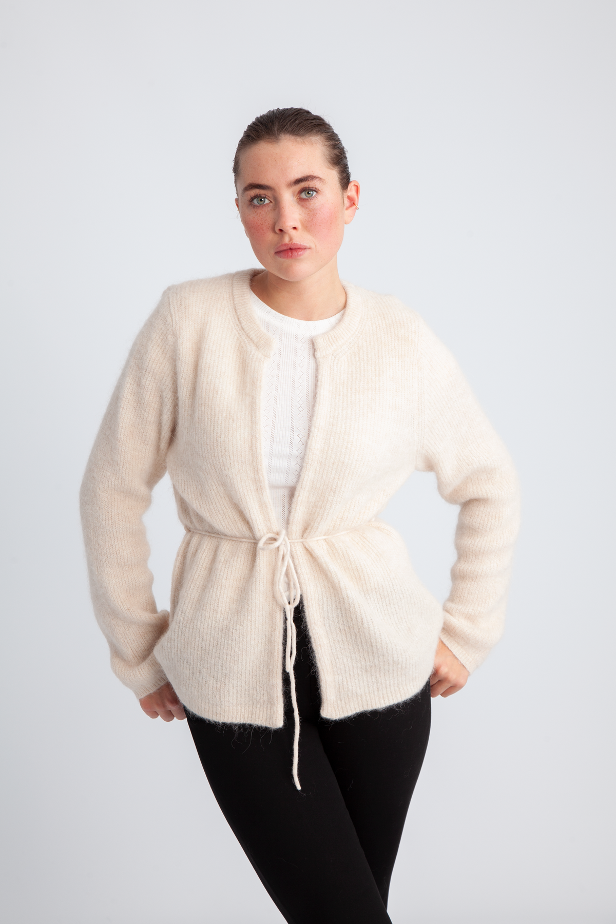 Sia Ras Ls Knit Belt Kofta - Birch Melange
