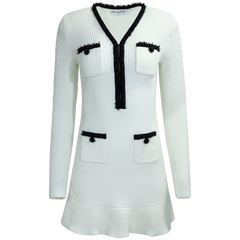 Pearl Trim Knit Mini Dress - White