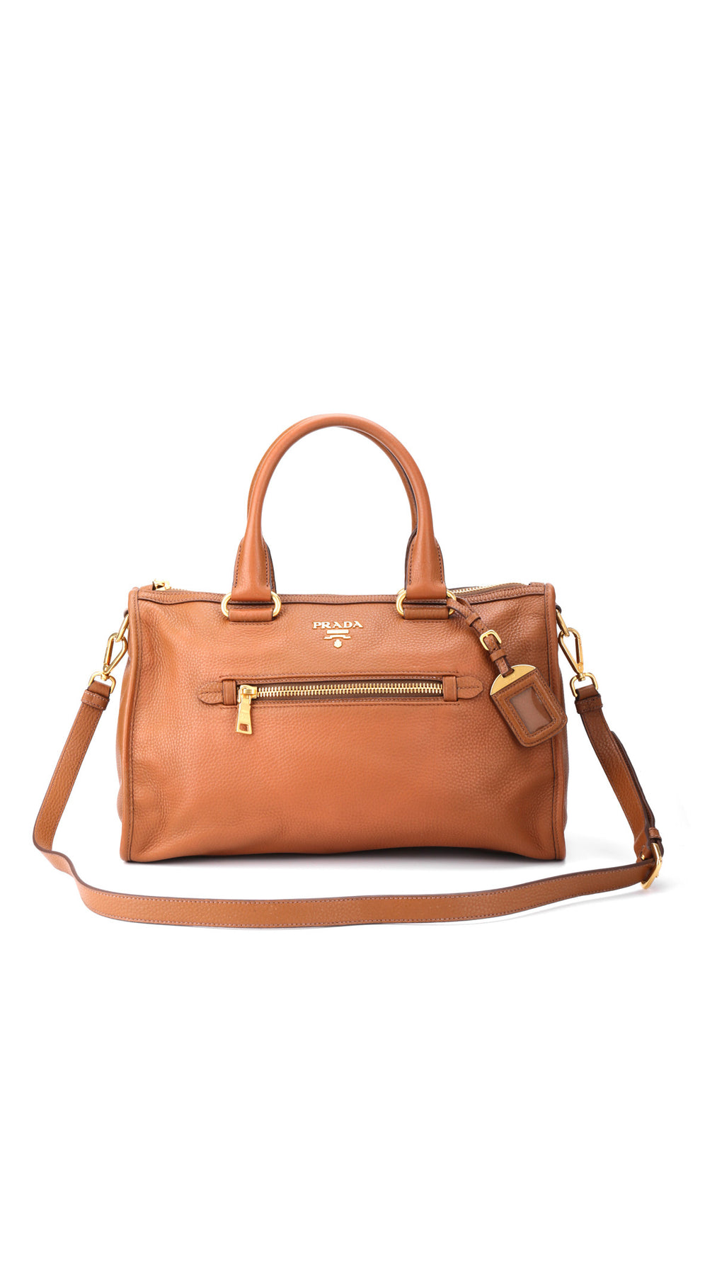 Prada Vitello Daino Front Zip Tote Axelväska - Brun