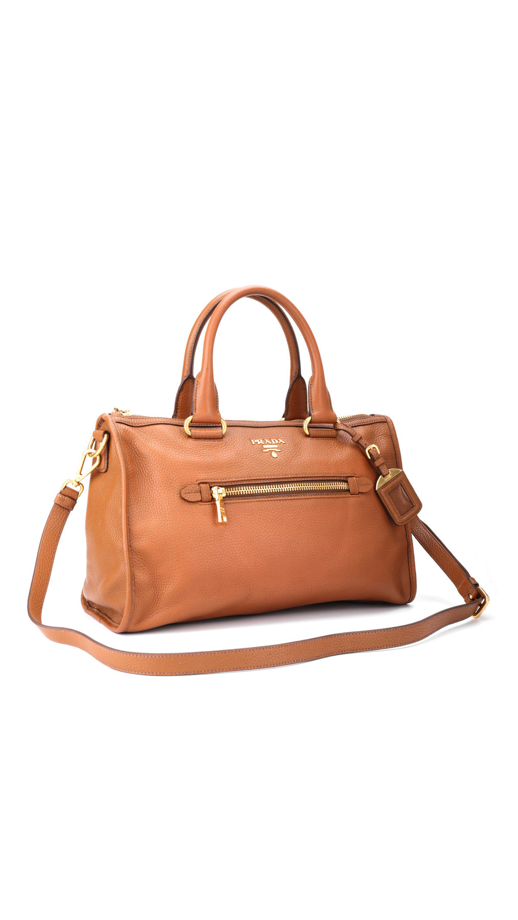 Prada Vitello Daino Front Zip Tote Axelväska - Brun