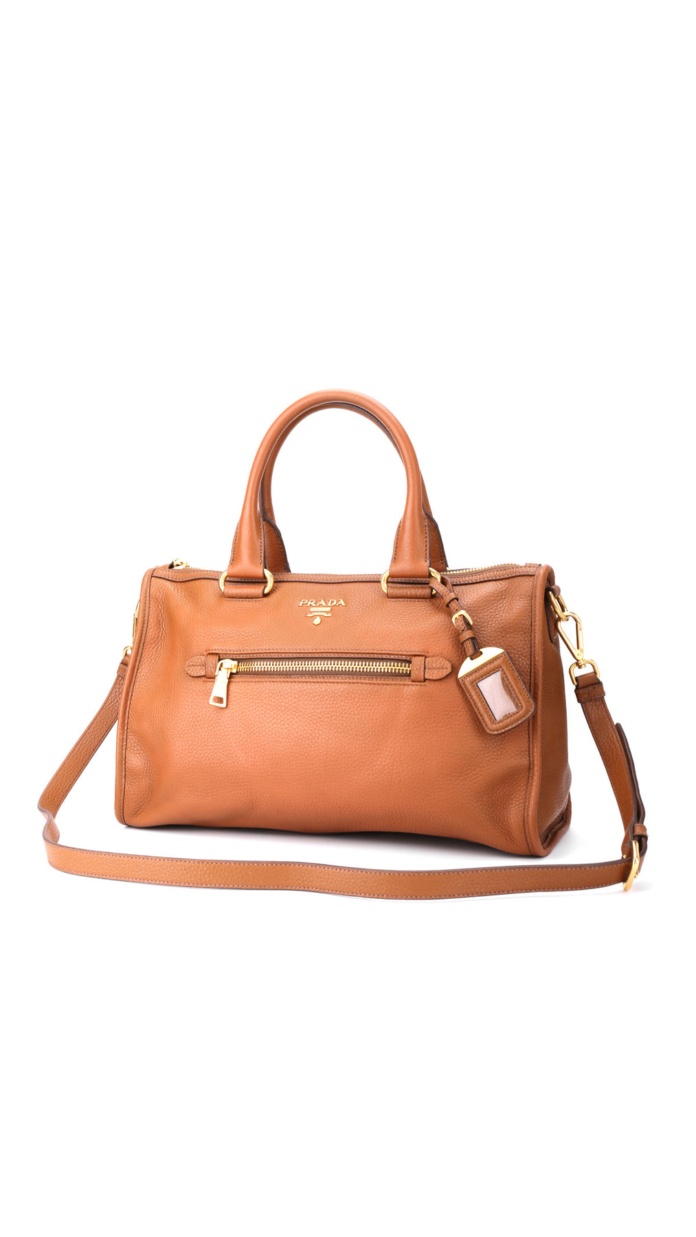 Prada Vitello Daino Front Zip Tote Axelväska - Brun