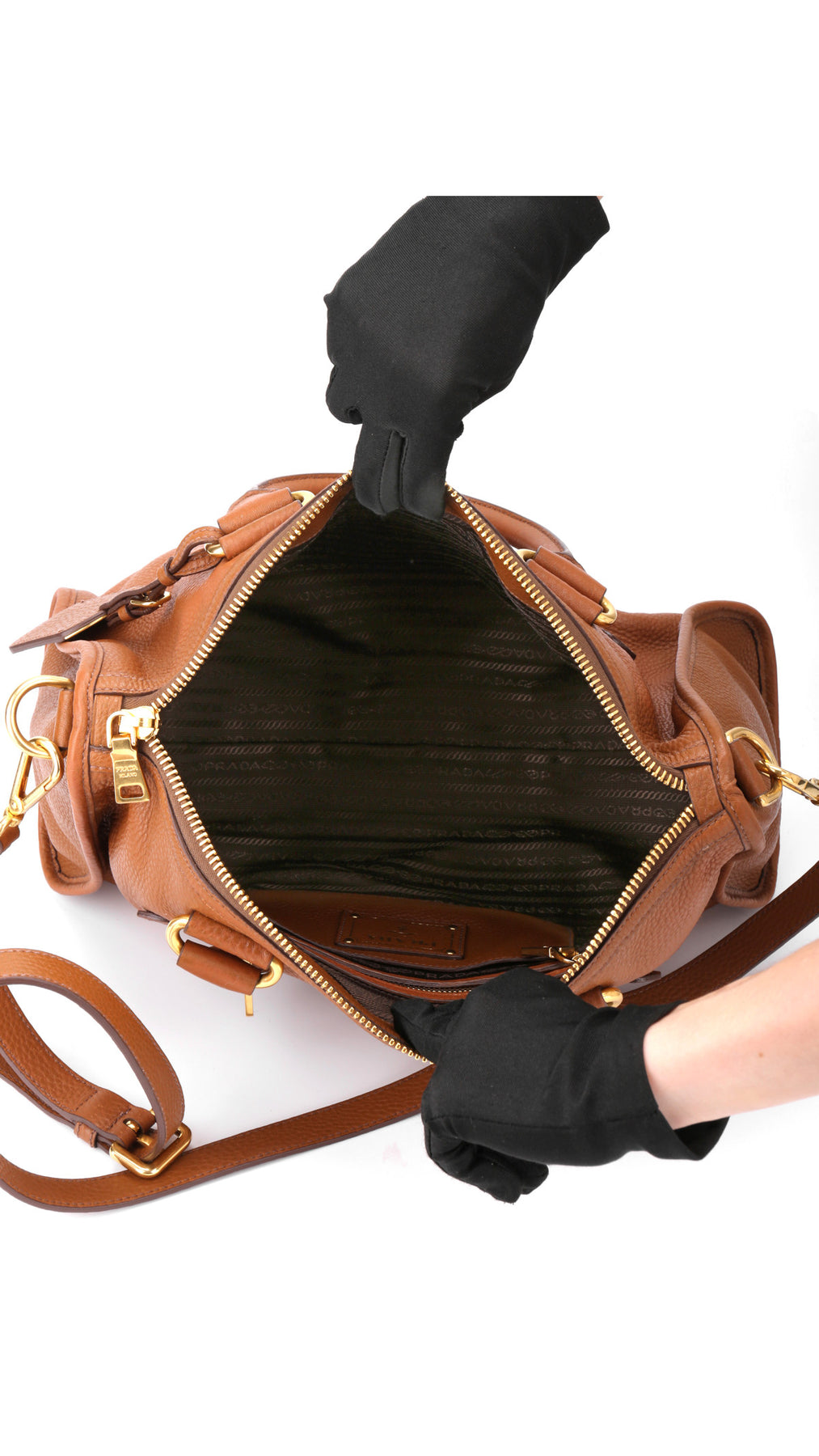 Prada Vitello Daino Front Zip Tote Axelväska - Brun