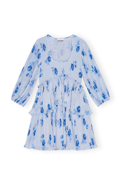 Pleated Georgette Flounce Smock Mini Dress - Heather