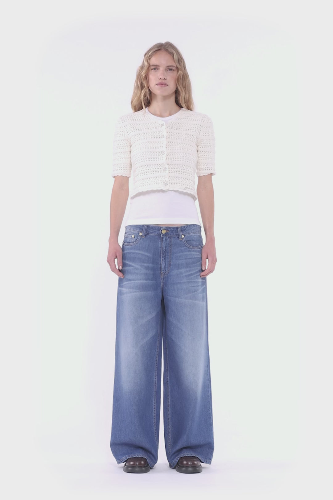 Cotton Pointelle Short Sleeve Cardigan - Egret