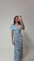Kristin Satin Flower Dress - Blå