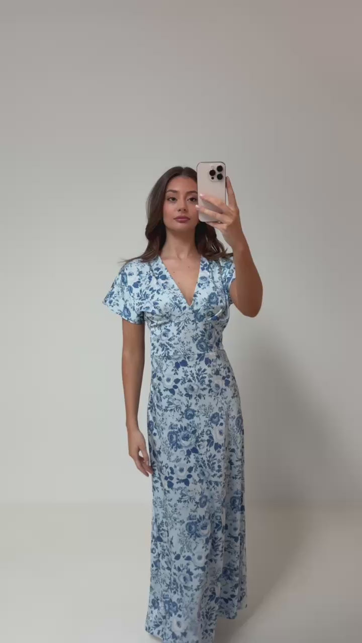 Kristin Satin Flower Dress - Blå