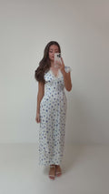 Agnes Satin Lace Dress - Blue Floral