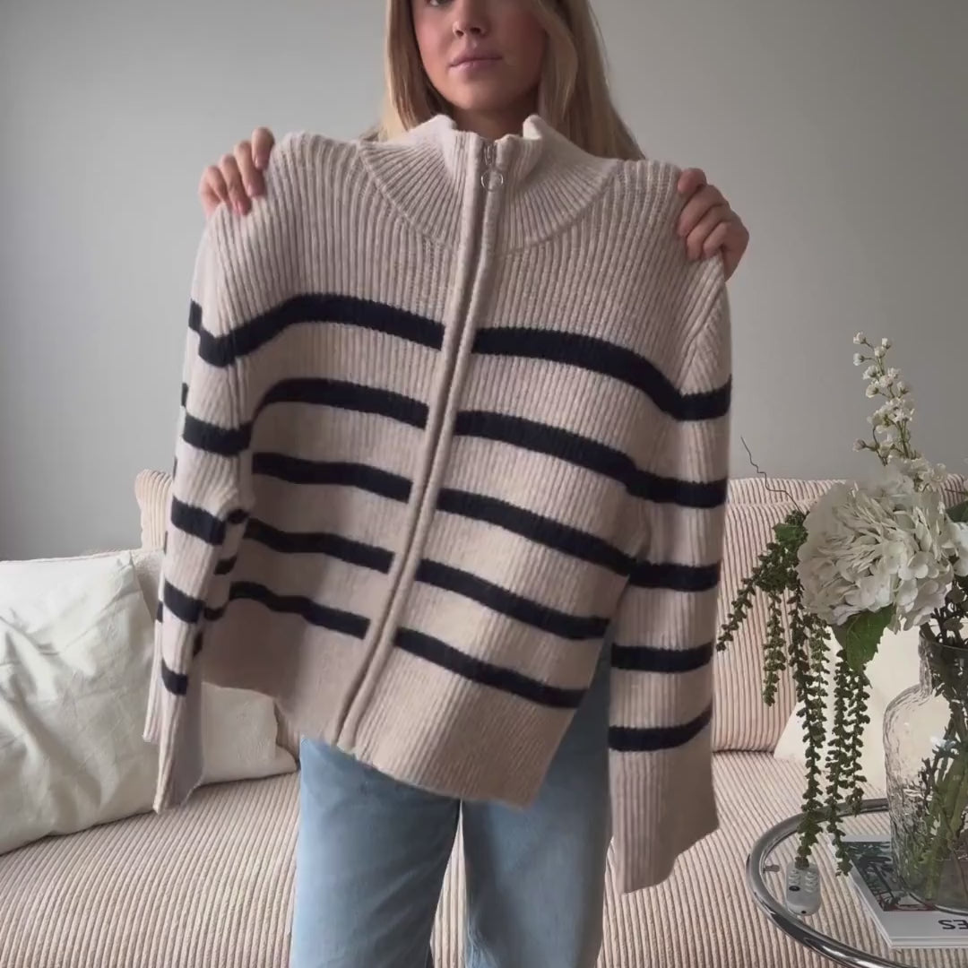 Thea Stripe Zip Cardigan - Sand / Navy