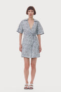 Ganni Printed Cotton Wrap Mini Dress - Glacier Lake