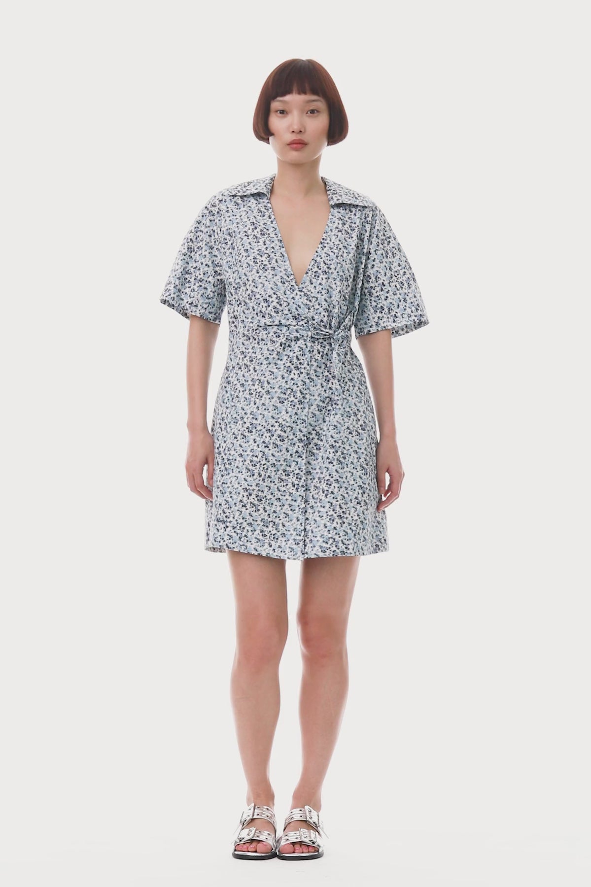 Ganni Printed Cotton Wrap Mini Dress - Glacier Lake