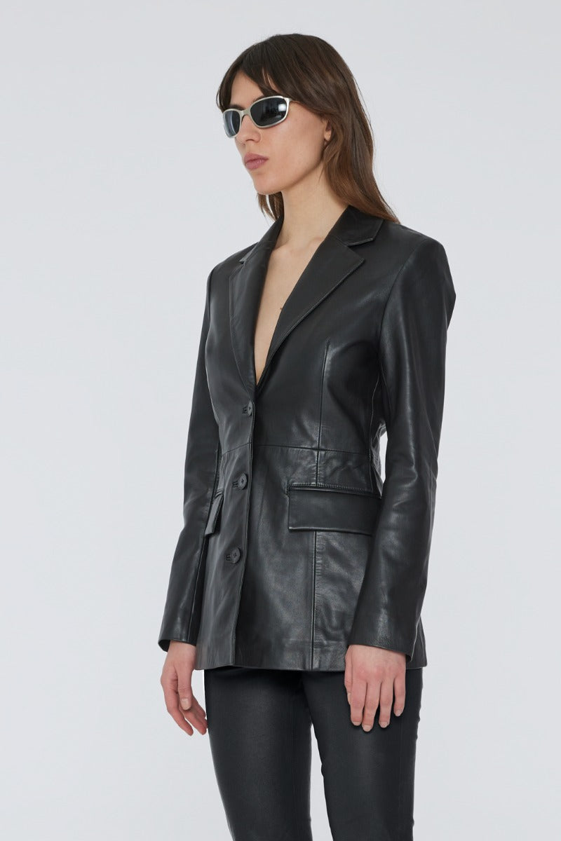 Fitted Leather Blazer - Black