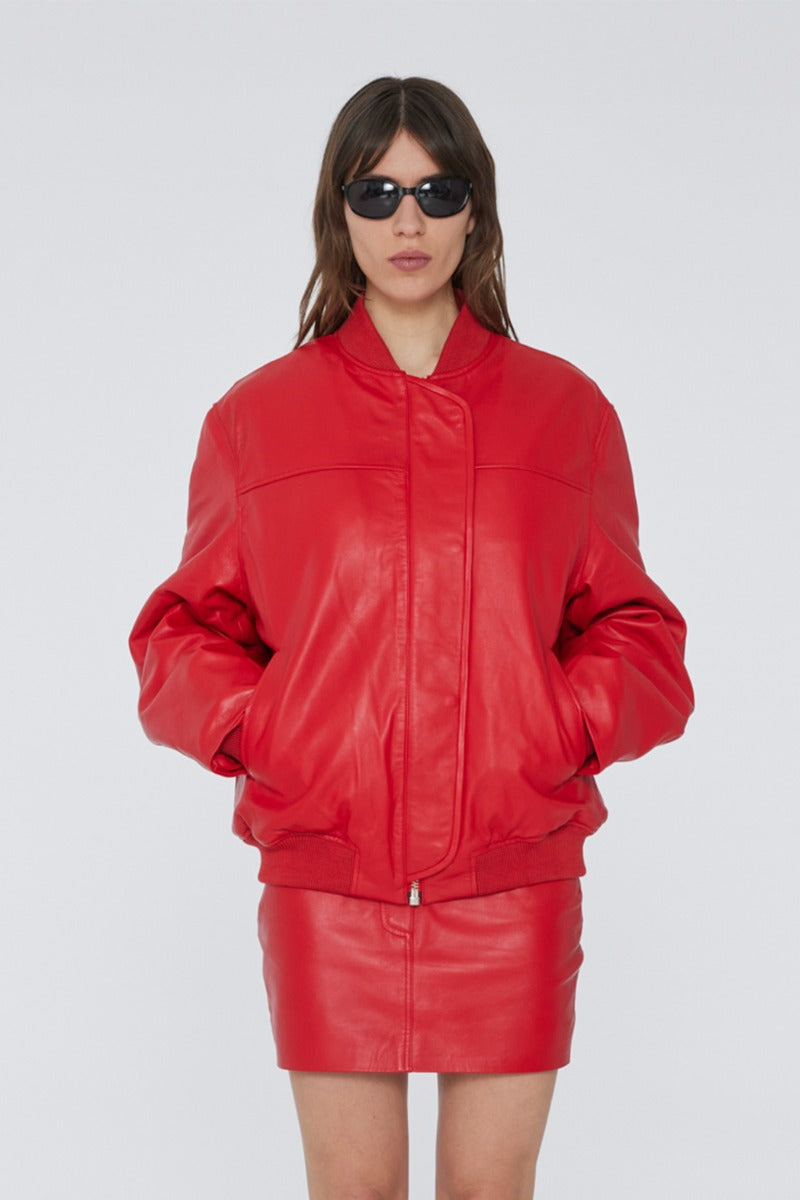 Leather Bomber Jacket - Chinese Red